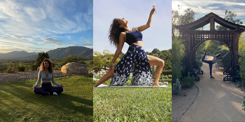 Three photos of yoga instructor Jenn in varying yoga poses