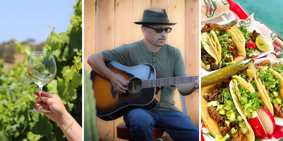 From left: photo of white wine in a glass with green vines behind; Victor Valencia playing a guitar; tacos from Tortilleria Mexio