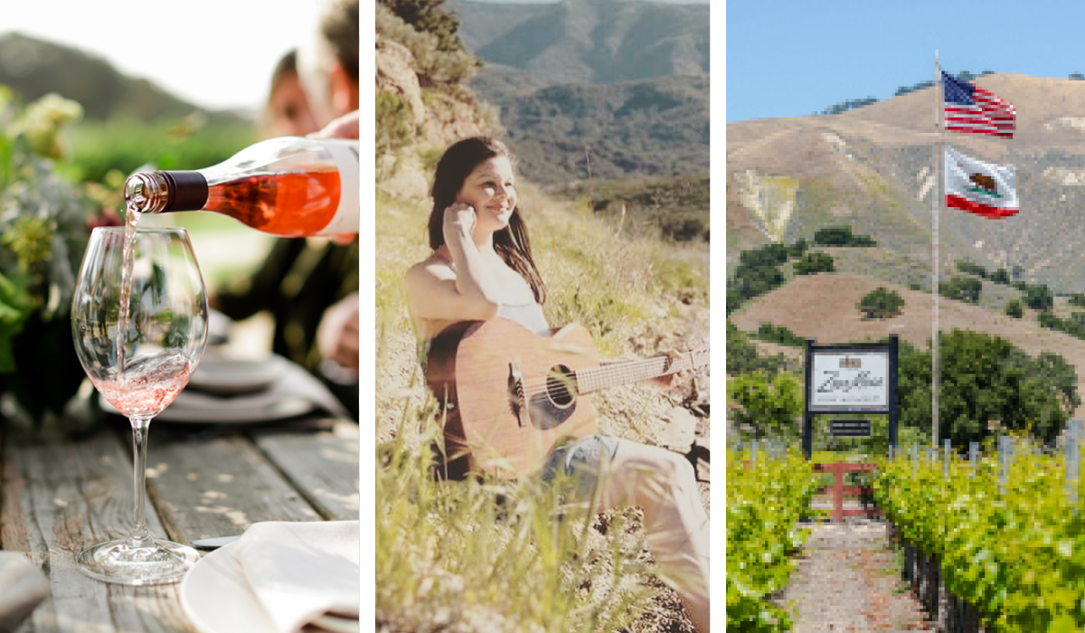 Rose wine being poured into glass; Arwen Lewis with guitar; Zaca Mesa winery sign over vines