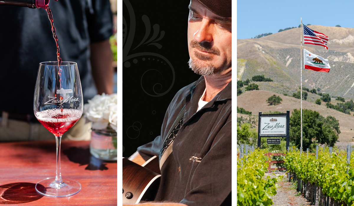 Red wine pouring into glass; musician Eric Zobel; Zaca Mesa winery tasting room sign in vineyard
