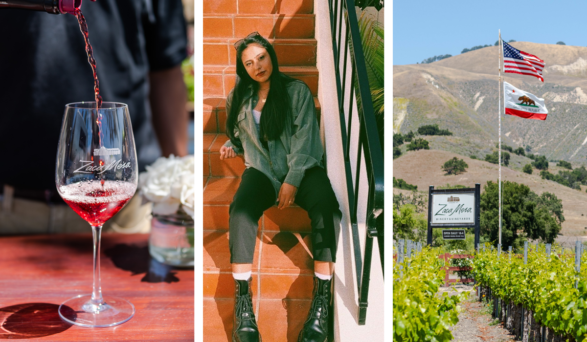 Red wine pouring into glass; musician Natalie Espinoza; Zaca Mesa winery tasting room sign in vineyard