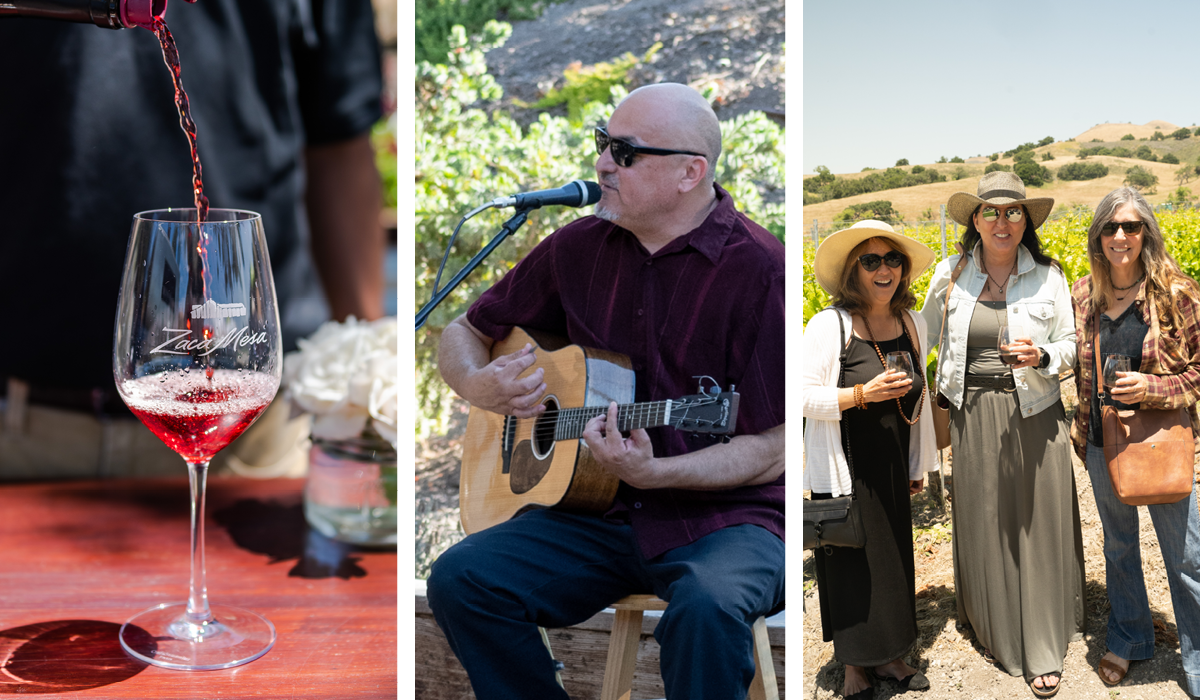 Glass of red wine being poured; Robert Herrera playing guitar; three friends smiling in front of Grenache Blanc vineyard
